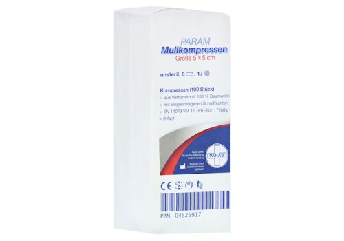 Mullkompressen 5x5 cm unsteril 8fach – PZN 04525917 (PZN 04525917)